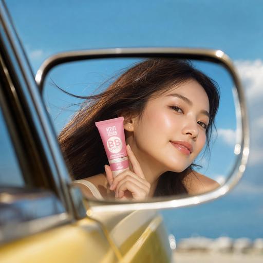 GPT Image 2: Beauty campaign photography, крупный план девушки, отражение в боковом зеркале винтажного автомобиля, солнечный летний д