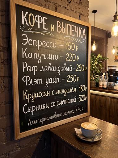 Nano Banana 2.1: Фотография меловой доски-меню в уютной кофейне, снято на телефон чуть сбоку. На доске от руки мелом заголовок «КОФЕ И ВЫ