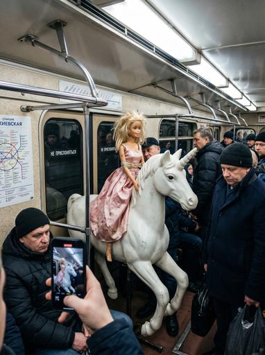 Nano Banana 2: A candid realistic photograph captures a surreal scene inside a crowded Russian metro car. The main subject is a disheve