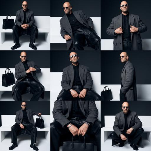 Nano Banana Pro: A 9-grid collage, 3x3 layout of a high-fashion editorial photoshoot. A single model appearing in all 9 panels, each in a