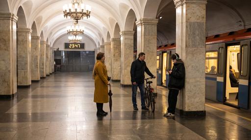 Nano Banana 2.1: Реалистичная фотография: станция московского метро поздно вечером, почти пустая. На платформе ровно три человека: женщин